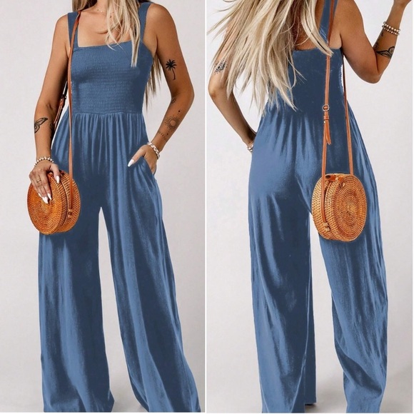 Boho smocked bodice wide leg wide straps cami jumpsuit navy blue - Picture 8 of 8